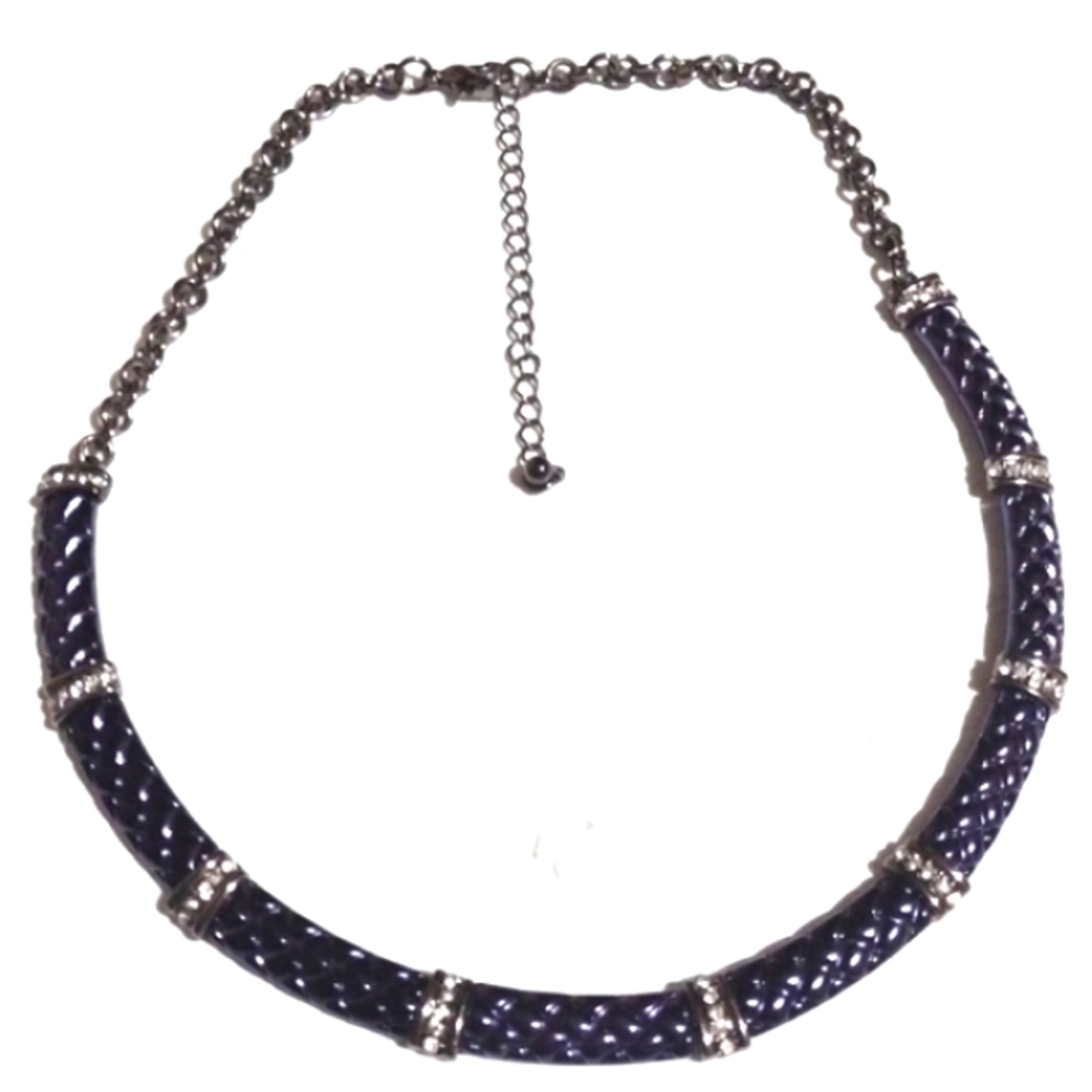 VINTAGE PURPLE ENAMEL RHINESTONE EMBELLISHMENT COLLAR CHOKER 17 - 20" NECKLACE